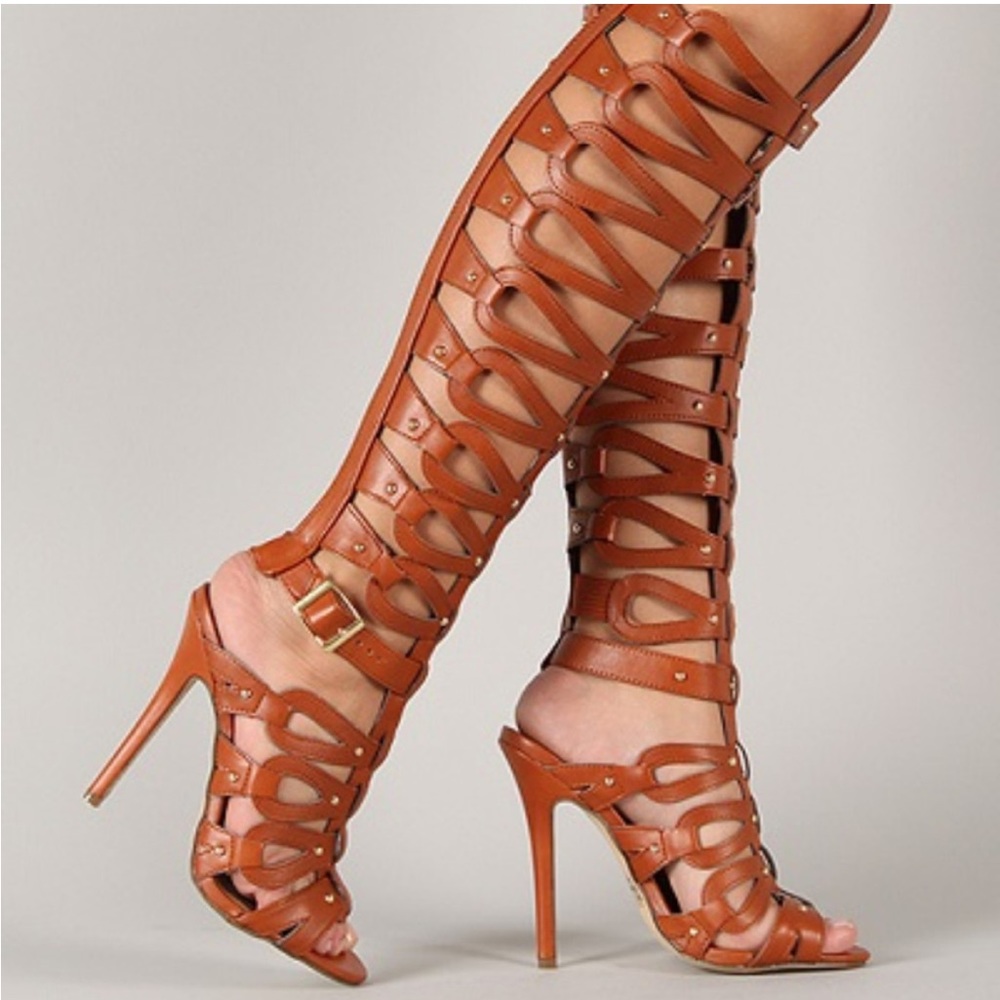 Breckelle Diva 31 Studded Knee High Open Toe Strappy Gladiator Sandal Heels